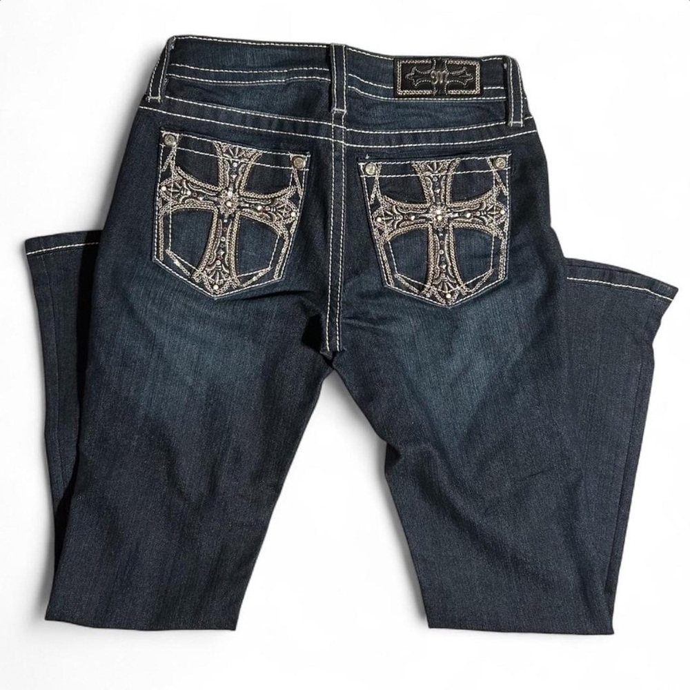Y2K Miss Me Cross Dark Blue Jeans with Silver Embroidery